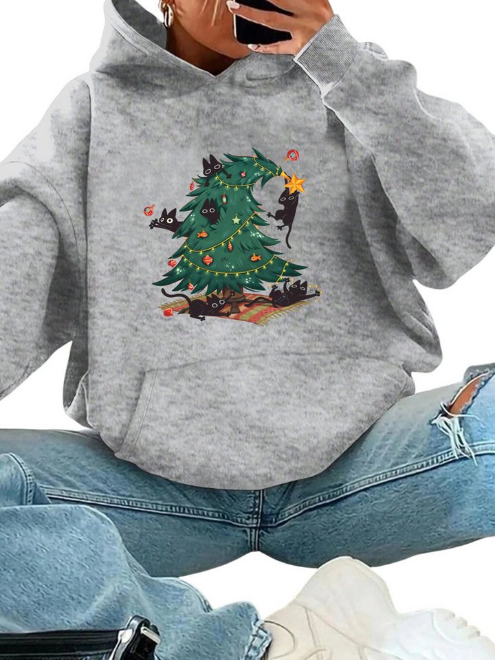 PYLIKE Kapuzenpullover Fleece-Kapuzenpullover Damen: mit KapuzeTasche,Weihnachten Print Perfekt für Weihnachten&Alltag & Freizeit von PYLIKE