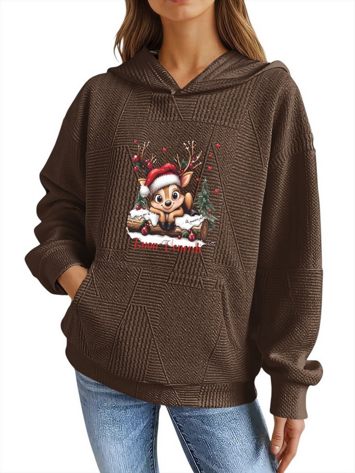 PYLIKE Kapuzenpullover Hoodie für Damen mit Farbblock-Weihnachtsrentier Druck & Großtaschen Strukturierte Stoffe,Lässiger Streetstyle für den Weihnachten Winter von PYLIKE