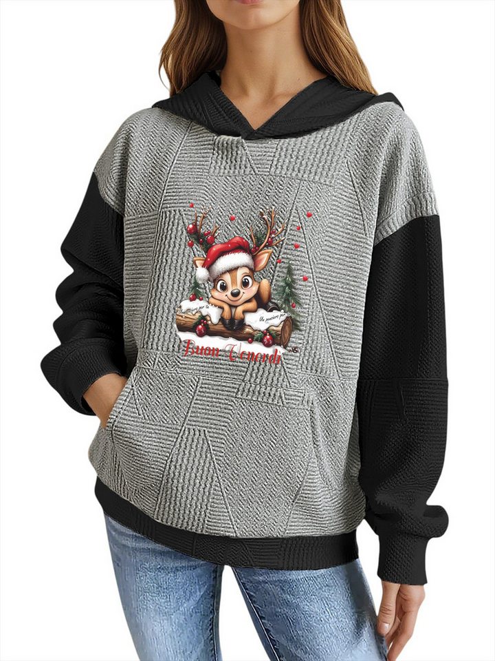 PYLIKE Kapuzenpullover Hoodie für Damen mit Farbblock-Weihnachtsrentier Druck & Großtaschen Strukturierte Stoffe,Lässiger Streetstyle für den Weihnachten Winter von PYLIKE