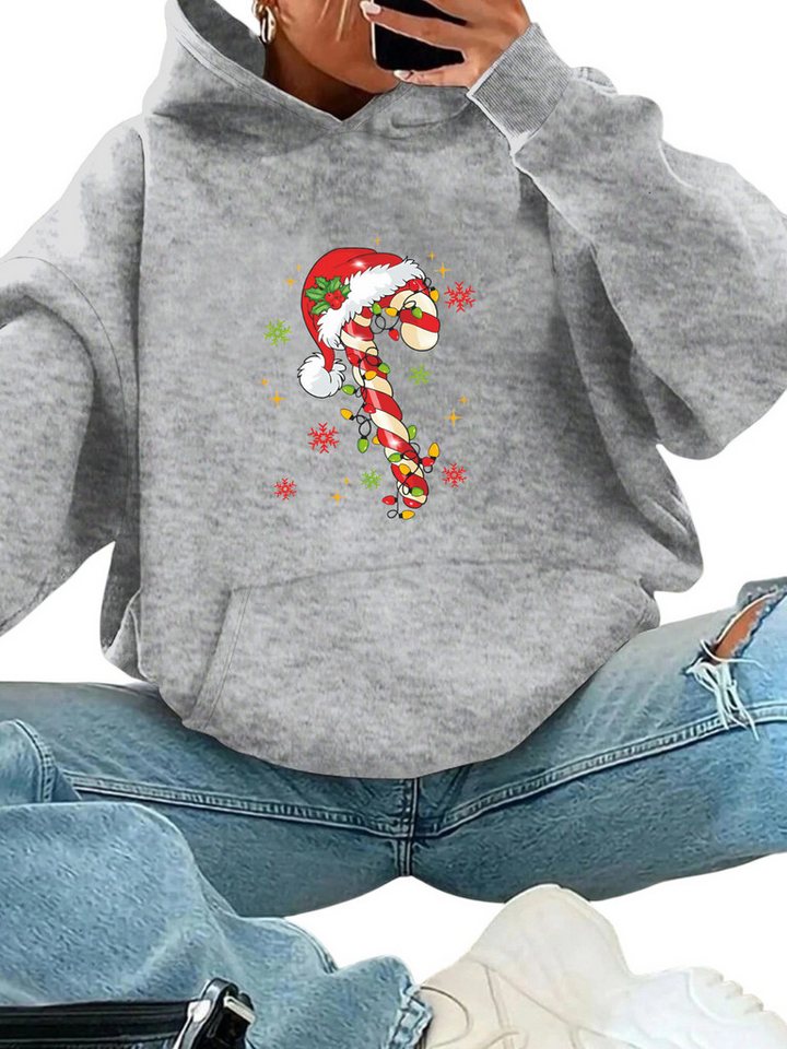 PYLIKE Kapuzenpullover Weihnachtsmütze Print Damen Fleece Kapuzenpullover mit großer Tasche Weihnachts-Sonderanfertigungen von PYLIKE