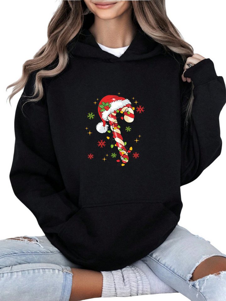PYLIKE Kapuzenpullover Weihnachtsmütze Print Damen Fleece Kapuzenpullover mit großer Tasche Weihnachts-Sonderanfertigungen von PYLIKE