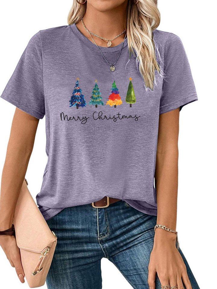 PYLIKE Kurzarmbluse Bequemes Shirt Damen Kurzarm Basic-Shirt mit Weihnachtsbaum Print Weihnachten Special Feiertag tragen von PYLIKE