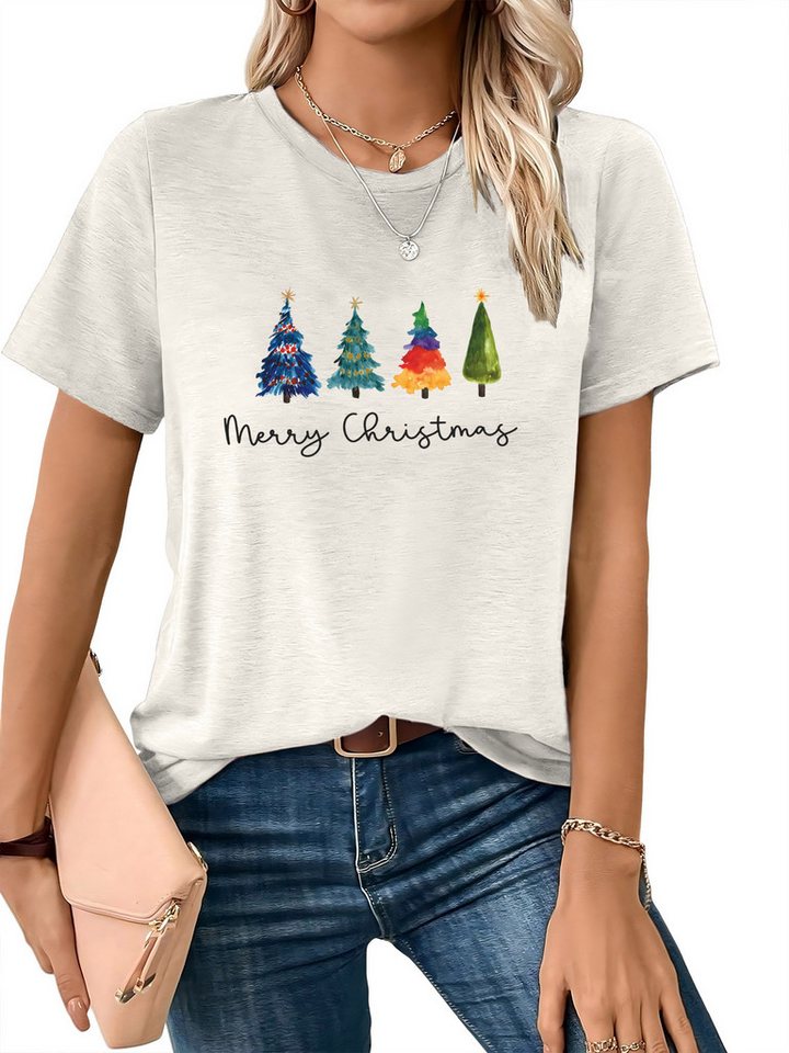 PYLIKE Kurzarmbluse Bequemes Shirt Damen Kurzarm Basic-Shirt mit Weihnachtsbaum Print Weihnachten Special Feiertag tragen von PYLIKE