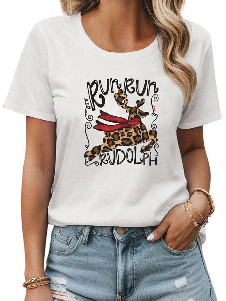 PYLIKE Kurzarmshirt Damen Bequemes Festlich T shirt mit Weihnachtselch Druck Weihnachten Special Feiertag tragen von PYLIKE