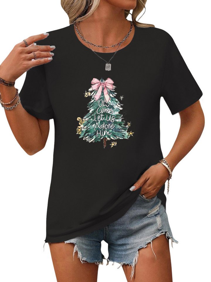 PYLIKE Kurzarmshirt Damen Bequemes Kurzarmbluse Locker Weihnachtsgraffiti Print-Shirt Weihnachten Special Feiertag tragen von PYLIKE