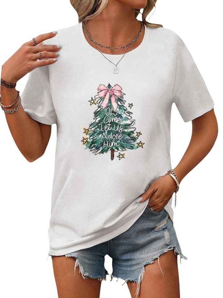 PYLIKE Kurzarmshirt Damen Bequemes Kurzarmbluse Locker Weihnachtsgraffiti Print-Shirt Weihnachten Special Feiertag tragen von PYLIKE