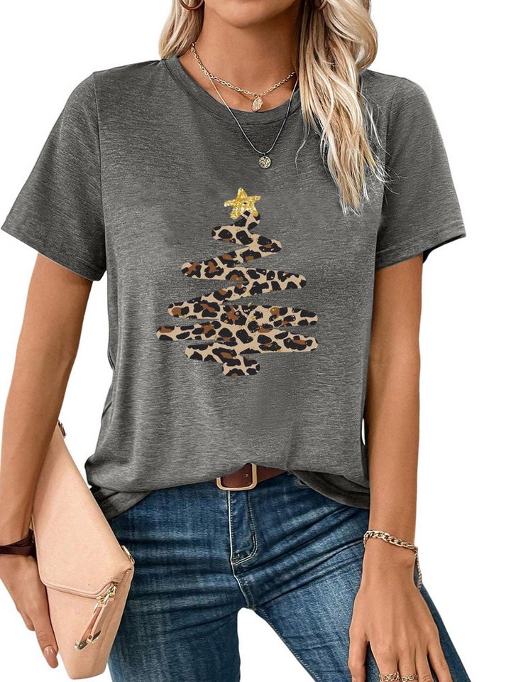 PYLIKE Kurzarmshirt Damen Christmas Kurzarmshirt mit Animal Print bequemes t shirt Weihnachten Special Feiertag tragen von PYLIKE