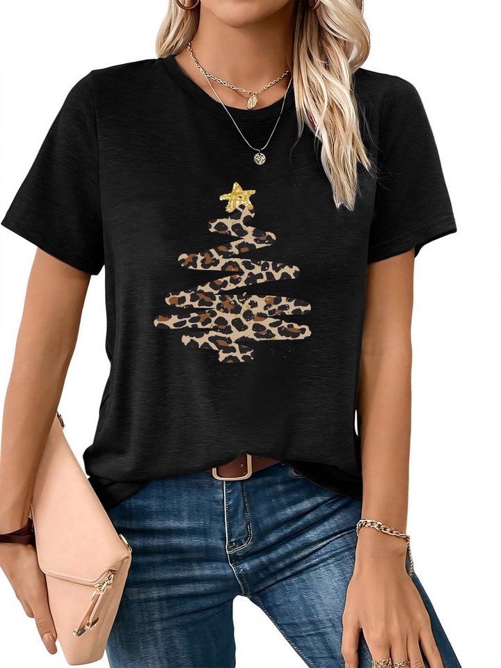 PYLIKE Kurzarmshirt Damen Christmas Kurzarmshirt mit Animal Print bequemes t shirt Weihnachten Special Feiertag tragen von PYLIKE