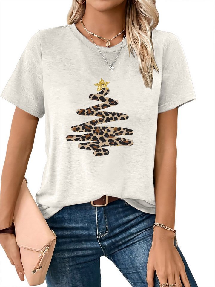 PYLIKE Kurzarmshirt Damen Christmas Kurzarmshirt mit Animal Print bequemes t shirt Weihnachten Special Feiertag tragen von PYLIKE