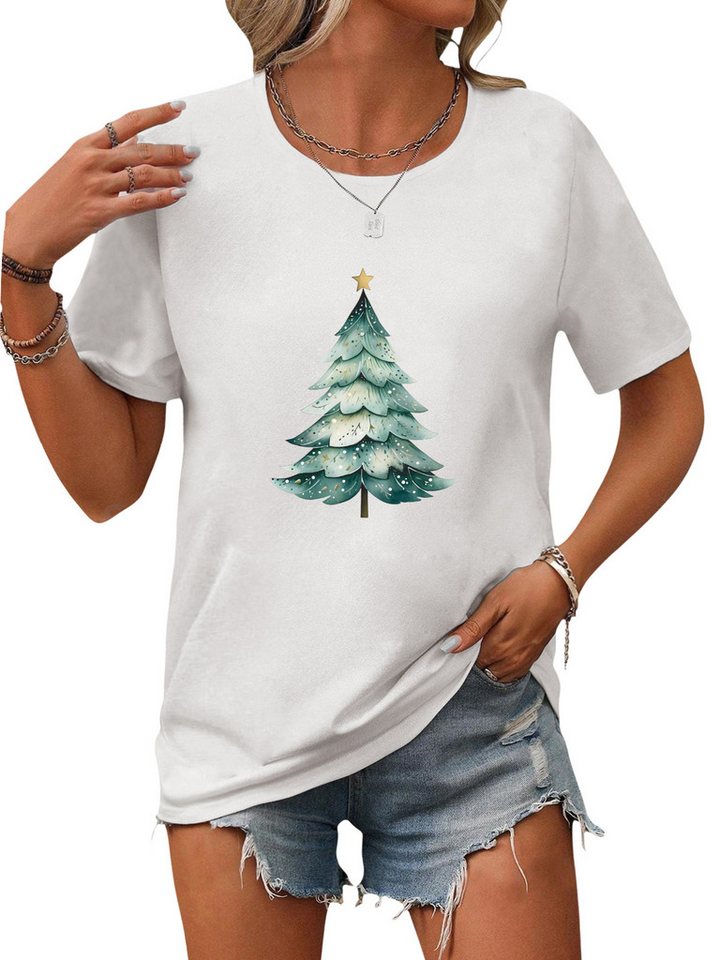 PYLIKE Kurzarmshirt Damen Festlich Kurzarmbluse Locker Weihnachtsbaum Print-Shirt Weihnachten Special Feiertag tragen von PYLIKE