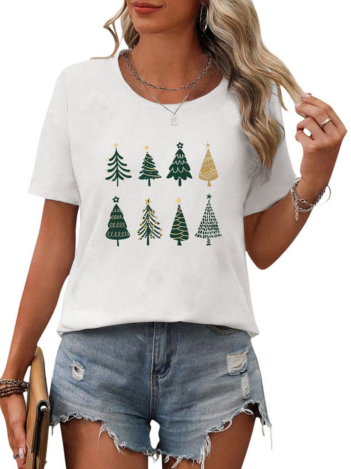 PYLIKE Kurzarmshirt Damen Festlich Kurzarmshirt mit Weihnachtsbaum Druck Weihnachten Special Feiertag tragen von PYLIKE