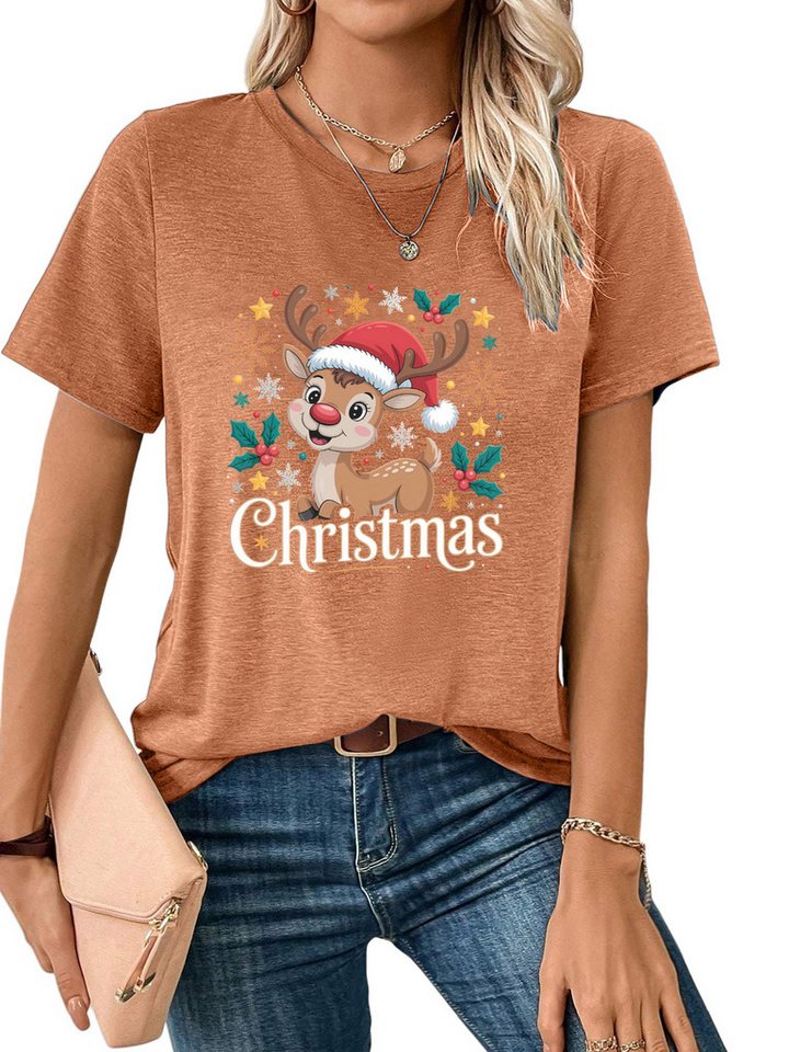 PYLIKE Kurzarmshirt Damen Festlich bequemes t shirt mit Elch Print-Shirt für Weihnachten Weihnachten Special Feiertag tragen von PYLIKE