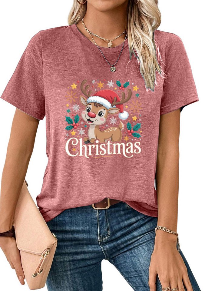 PYLIKE Kurzarmshirt Damen Festlich bequemes t shirt mit Elch Print-Shirt für Weihnachten Weihnachten Special Feiertag tragen von PYLIKE