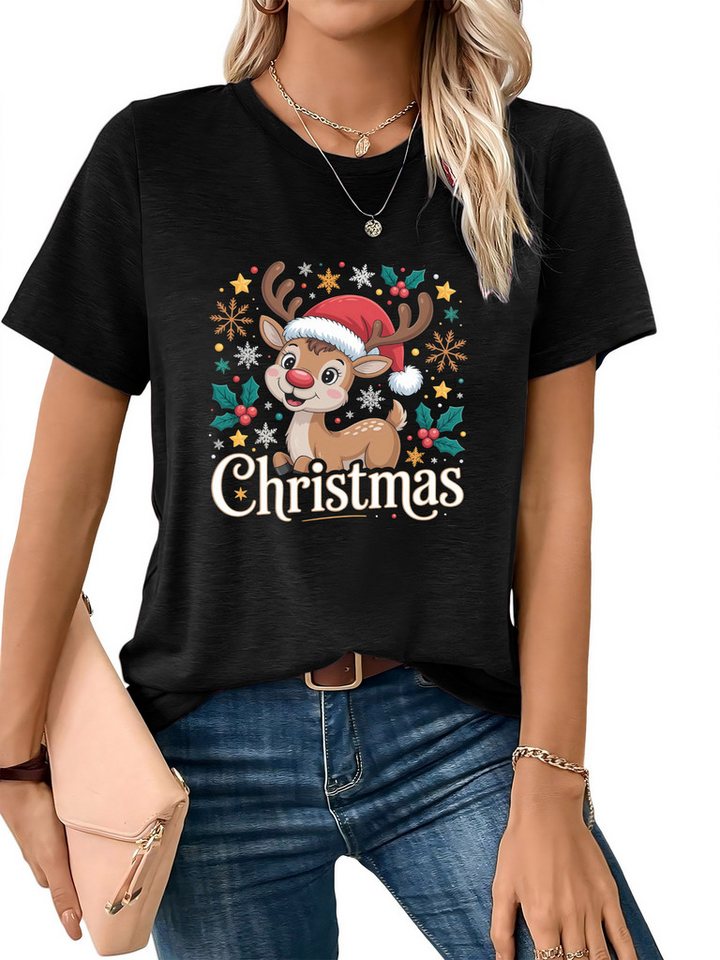 PYLIKE Kurzarmshirt Damen Festlich bequemes t shirt mit Elch Print-Shirt für Weihnachten Weihnachten Special Feiertag tragen von PYLIKE