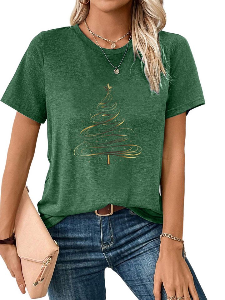 PYLIKE Kurzarmshirt Damen bequemes Kurzarmbluse Weihnachtsbaum Print-Shirt Weihnachten Special Feiertag tragen von PYLIKE