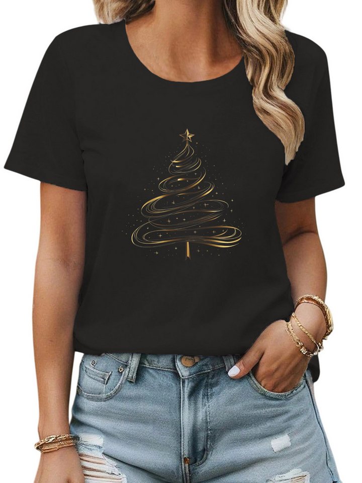 PYLIKE Kurzarmshirt Damen bequemes Kurzarmbluse Weihnachtsbaum Print-Shirt Weihnachten Special Feiertag tragen von PYLIKE
