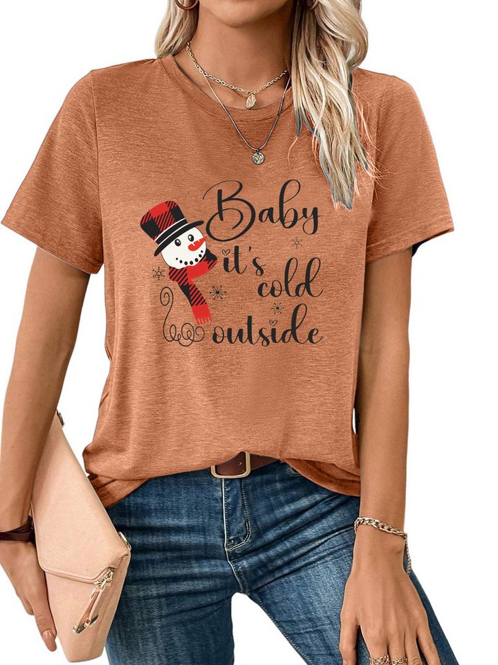 PYLIKE Kurzarmshirt Damen bequemes t shirt mit Weihnachtsschneemann Druck Weihnachten Special Feiertag tragen von PYLIKE