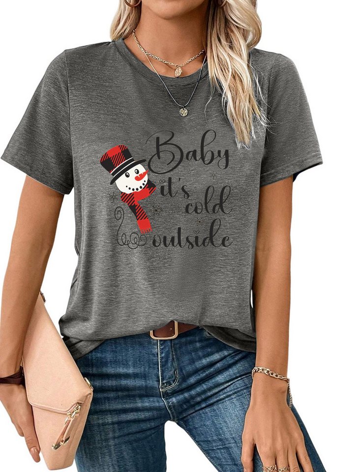 PYLIKE Kurzarmshirt Damen bequemes t shirt mit Weihnachtsschneemann Druck Weihnachten Special Feiertag tragen von PYLIKE