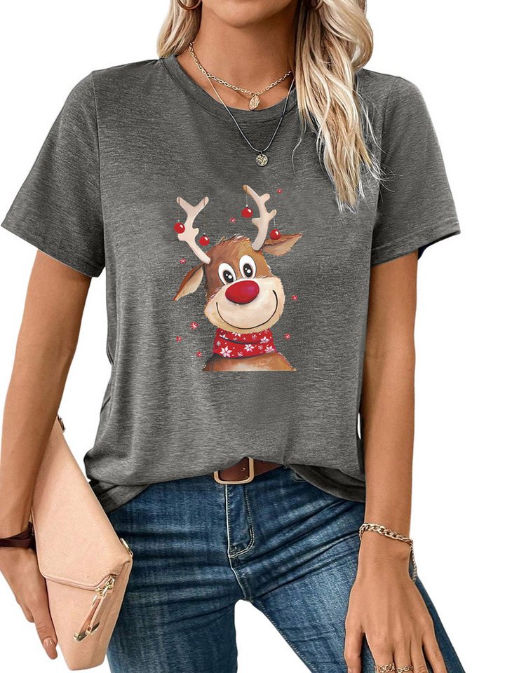 PYLIKE Kurzarmshirt Shirts Damen Festlich Elch Weihnachten bequemes t shirt Weihnachten Special Feiertag tragen von PYLIKE