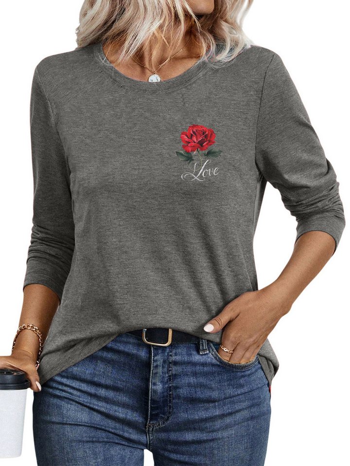 PYLIKE Langarmshirt Bequemes Damen Langarm Herbst Basic-Shirt mit Rose ausgefallene Print Geeignet für den täglichen Gebrauch im Büro und zu Hause von PYLIKE