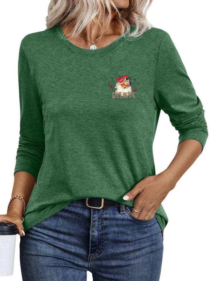 PYLIKE Langarmshirt Bequemes Shirt Damen Herbst Basic-Shirt mit Weihnachten Print Weihnachts-Sonderanfertigungen von PYLIKE