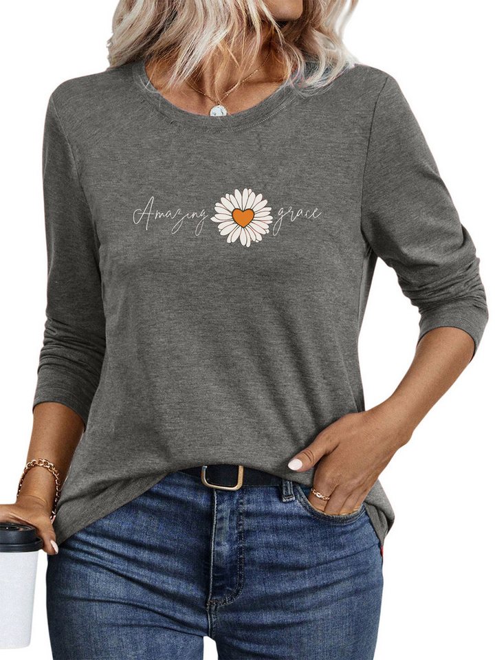 PYLIKE Langarmshirt Damen Casual Langarm mit Blumen Druck bequemes Rundhalsshirt Geeignet für den täglichen Gebrauch im Büro und zu Hause PYLIKE Langarmshirt Damen Casual Langarm mit Blumen Druck bequemes Rundhalsshirt Geeignet für den täglichen Gebrauch im Büro und zu Hause von PYLIKE