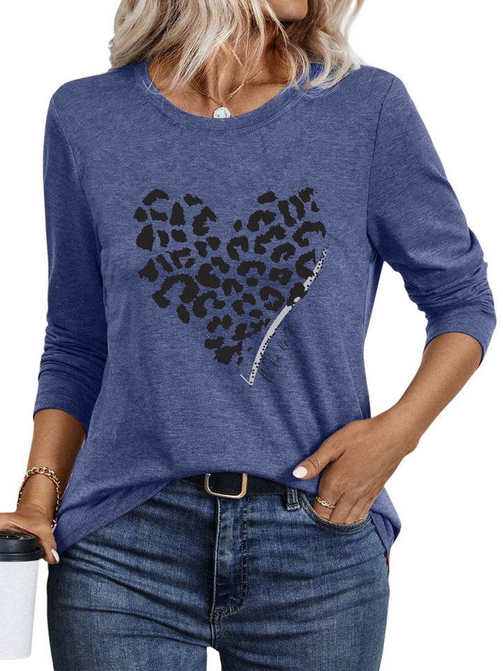 PYLIKE Langarmshirt Damen Casual Langarm mit Leopard Liebe Druck bequemes Rundhalsshirt Geeignet für den täglichen Gebrauch im Büro und zu Hause von PYLIKE