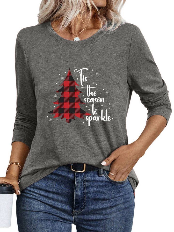 PYLIKE Langarmshirt Damen Herbst bequemes Basic Rundhalsshirt mit Weihnachtsbaum Print Weihnachts-Sonderanfertigungen von PYLIKE