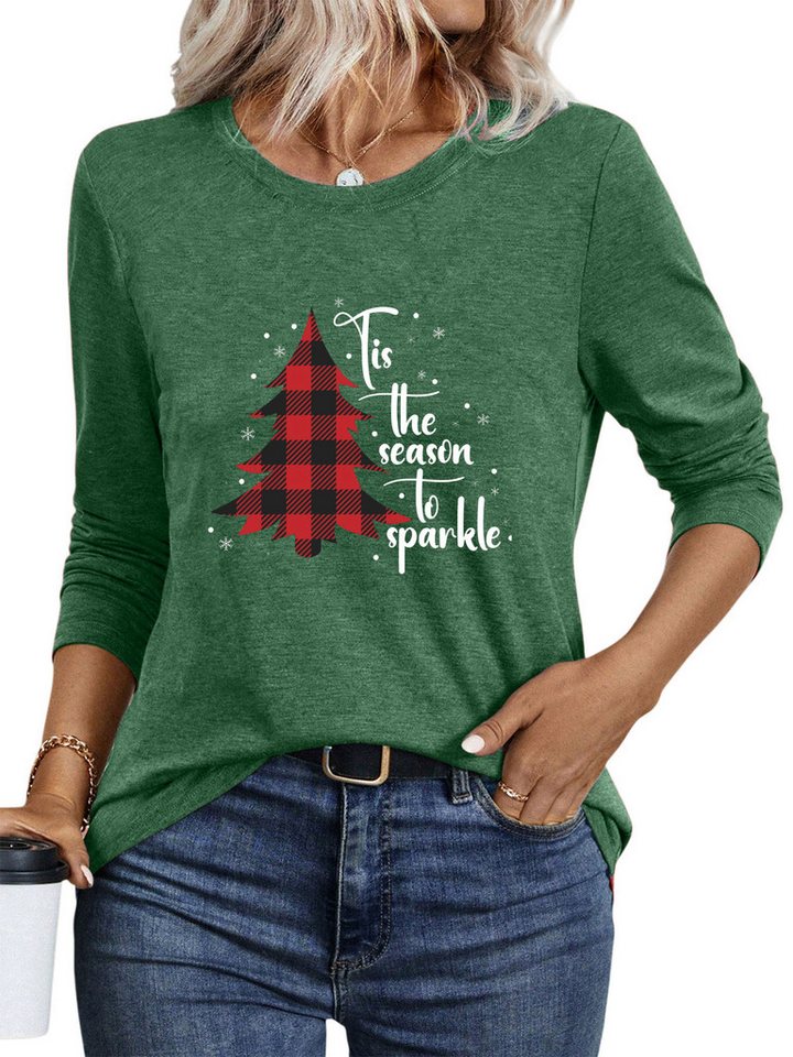 PYLIKE Langarmshirt Damen Herbst bequemes Basic Rundhalsshirt mit Weihnachtsbaum Print Weihnachts-Sonderanfertigungen von PYLIKE