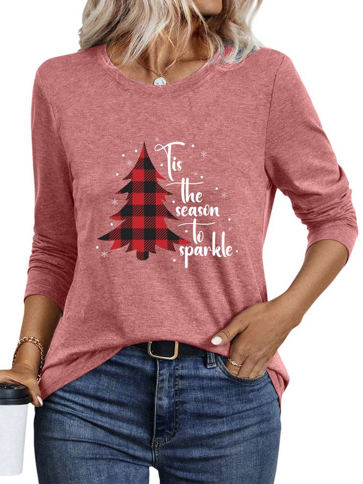 PYLIKE Langarmshirt Damen Herbst bequemes Basic Rundhalsshirt mit Weihnachtsbaum Print Weihnachts-Sonderanfertigungen von PYLIKE