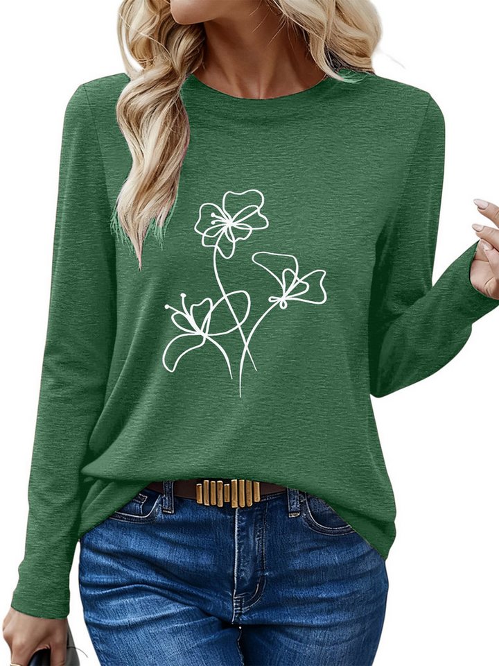 PYLIKE Langarmshirt Damen Rundhalsausschnitt Longsleeve mit Blumen Print-Shirt Geeignet für den täglichen Gebrauch im Büro und zu Hause von PYLIKE