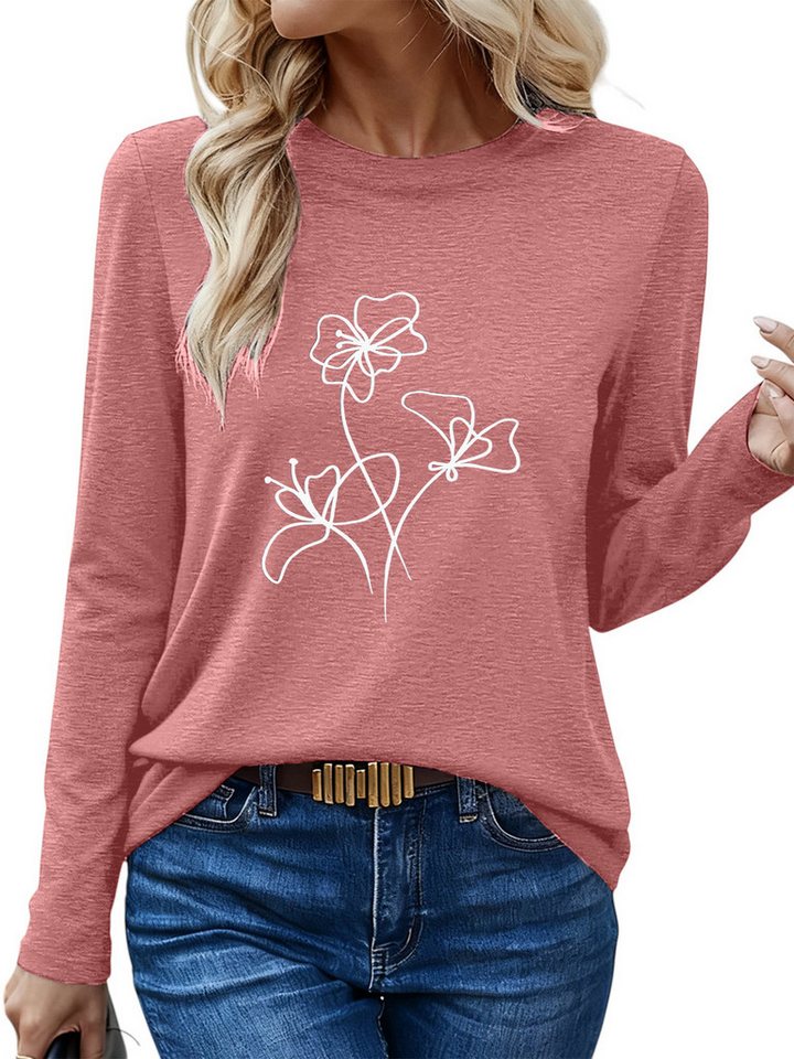 PYLIKE Langarmshirt Damen Rundhalsausschnitt Longsleeve mit Blumen Print-Shirt Geeignet für den täglichen Gebrauch im Büro und zu Hause von PYLIKE
