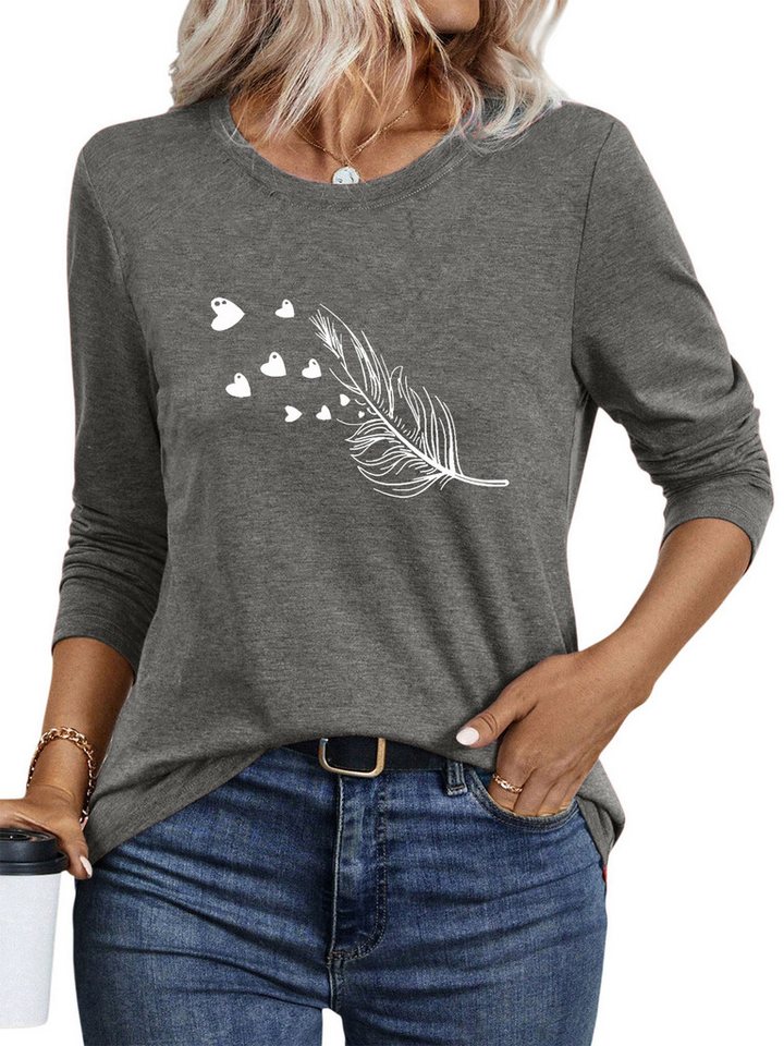PYLIKE Langarmshirt Damen Rundhalsausschnitt Longsleeve mit Feder Print-Shirt Geeignet für den täglichen Gebrauch im Büro und zu Hause von PYLIKE