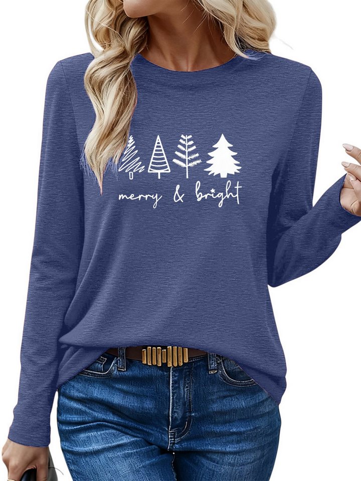 PYLIKE Langarmshirt Damen Rundhalsausschnitt Longsleeve mit Weihnachtsbaum Print-Shirt Weihnachts-Sonderanfertigungen von PYLIKE