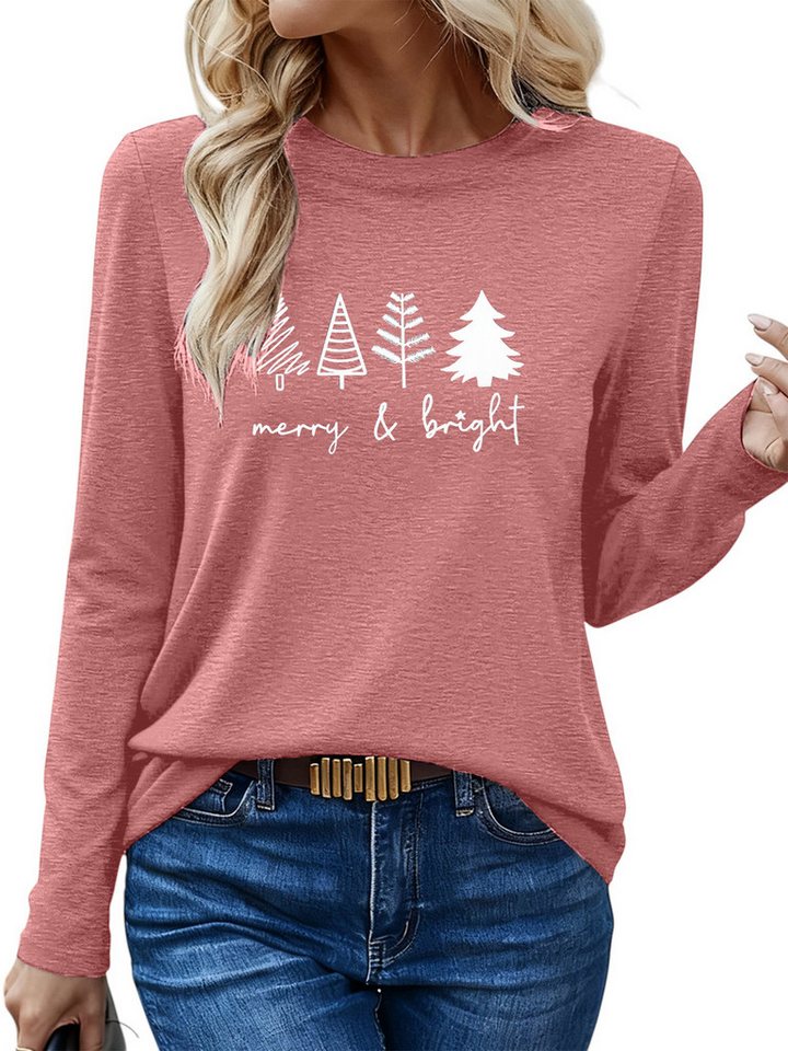 PYLIKE Langarmshirt Damen Rundhalsausschnitt Longsleeve mit Weihnachtsbaum Print-Shirt Weihnachts-Sonderanfertigungen von PYLIKE