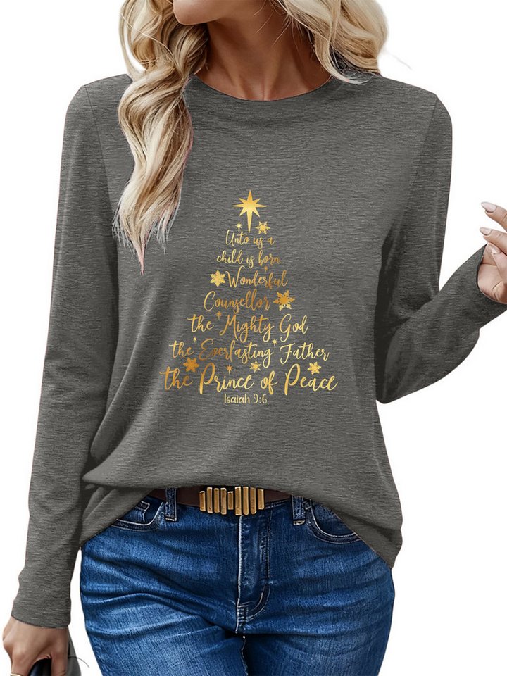 PYLIKE Langarmshirt Damen Winter Longsleeve Shirt Lockere Tops mit Goldener Weihnachtsbaum Weihnachts-Sonderanfertigungen von PYLIKE