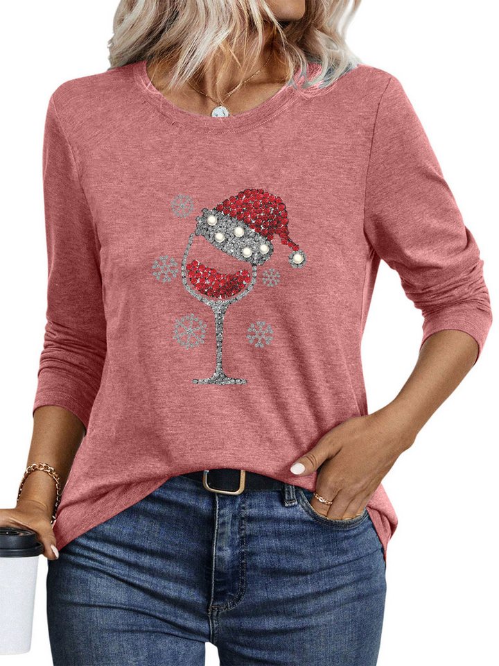 PYLIKE Langarmshirt Damen bequemes Langarmshirts Locker Rotweinglas Print-Shirt Geeignet für den täglichen Gebrauch im Büro und zu Hause von PYLIKE