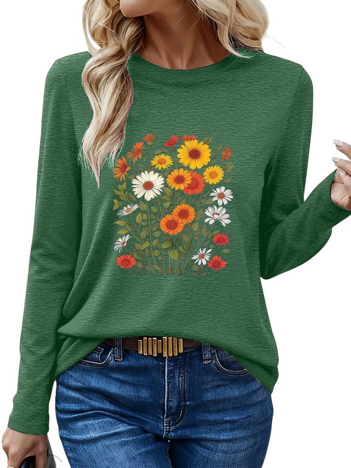 PYLIKE Longsleeve Bequemes Shirt Damen Langarm Basic-Shirt mit Blumen ausgefallene Print Geeignet für den täglichen Gebrauch im Büro und zu Hause von PYLIKE