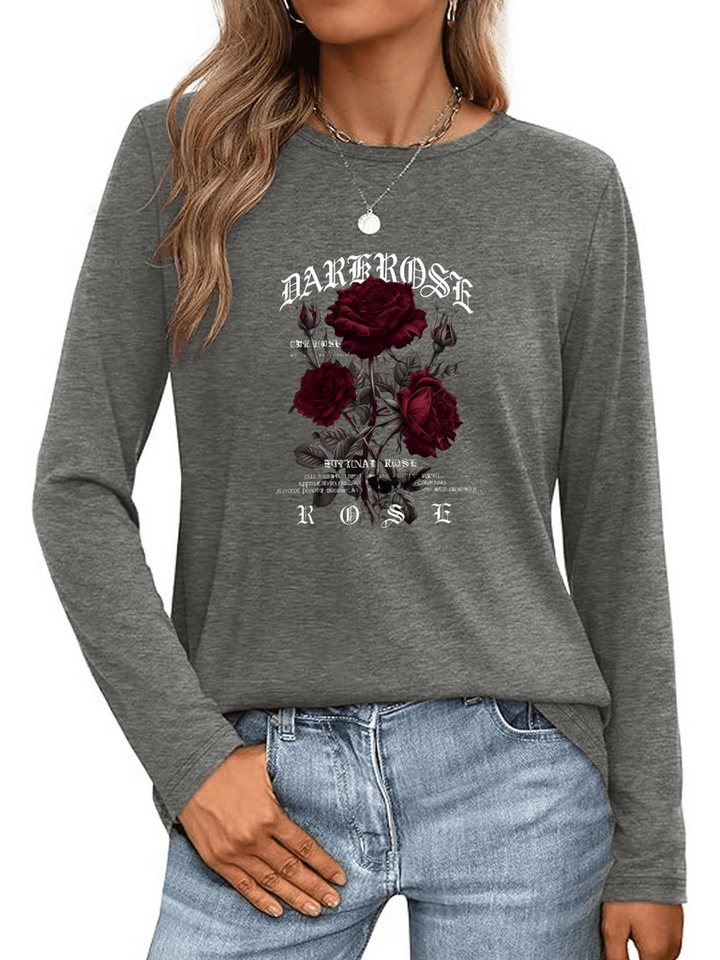 PYLIKE Longsleeve Bequemes Shirt Damen Langarm Basic-Shirt mit Gotischer Stil Print von PYLIKE