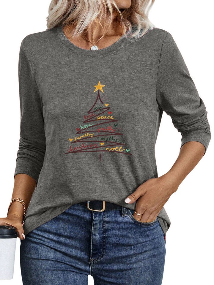 PYLIKE Longsleeve Bequemes Shirt Damen Langarm Basic-Shirt mit Weihnachtsbaum Print Weihnachts-Sonderanfertigungen von PYLIKE