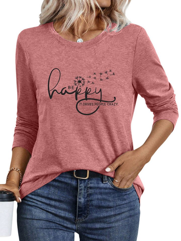 PYLIKE Longsleeve Bequemes Shirt Damen Langarm Herbst Basic-Shirt mit Löwenzahn Print 70%Polyester+25%Viskose+5%Elasthan von PYLIKE