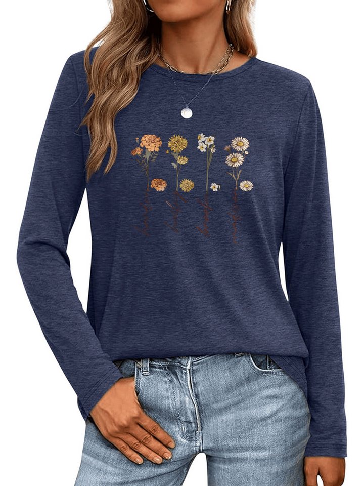 PYLIKE Longsleeve Damen Herbst bequemes Casual Basic Rundhalsshirt mit Blumen t shirt Geeignet für den täglichen Gebrauch im Büro und zu Hause von PYLIKE