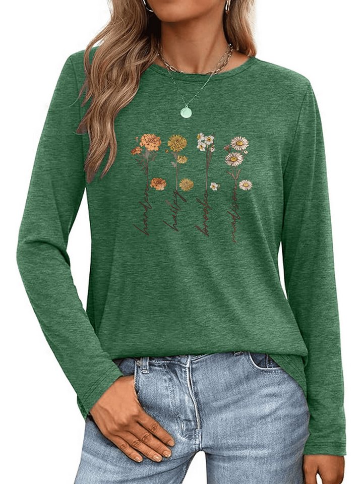 PYLIKE Longsleeve Damen Herbst bequemes Casual Basic Rundhalsshirt mit Blumen t shirt Geeignet für den täglichen Gebrauch im Büro und zu Hause von PYLIKE