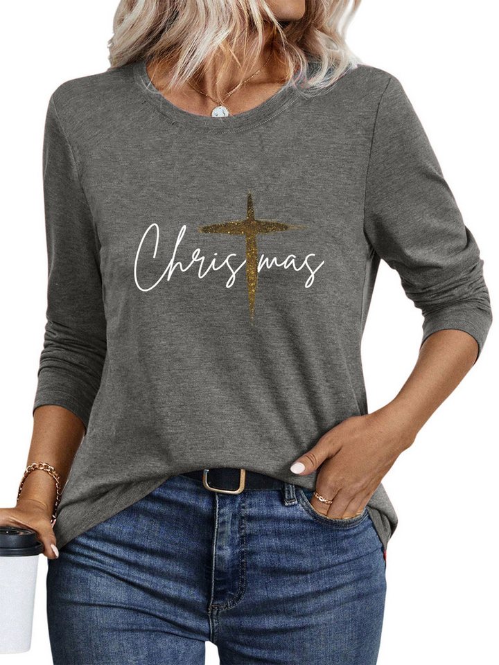 PYLIKE Longsleeve Damen Rundhalsausschnitt Longsleeve mit ‘Christmas’ Brief Print-Shirt Weihnachts-Sonderanfertigungen von PYLIKE