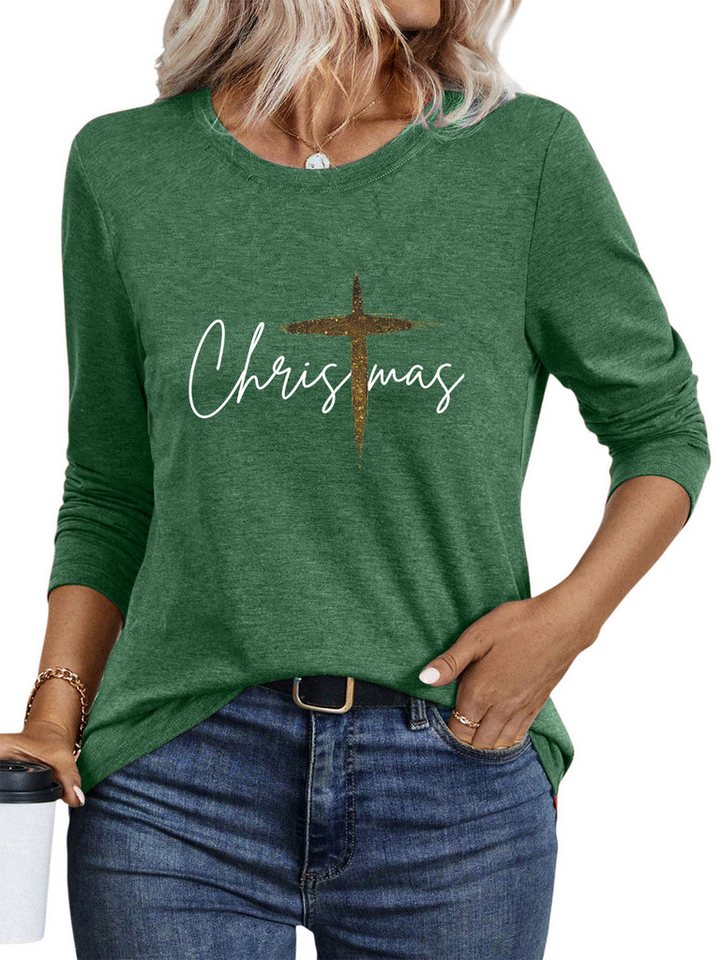 PYLIKE Longsleeve Damen Rundhalsausschnitt Longsleeve mit ‘Christmas’ Brief Print-Shirt Weihnachts-Sonderanfertigungen von PYLIKE