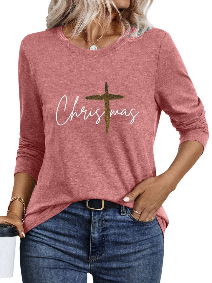PYLIKE Longsleeve Damen Rundhalsausschnitt Longsleeve mit ‘Christmas’ Brief Print-Shirt Weihnachts-Sonderanfertigungen von PYLIKE