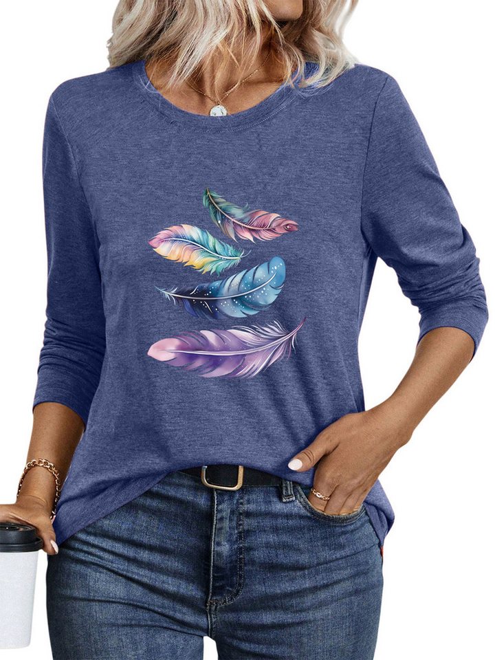 PYLIKE Longsleeve Damen Rundhalsausschnitt Longsleeve mit Feder Print-Shirt Geeignet für den täglichen Gebrauch im Büro und zu Hause PYLIKE Longsleeve Damen Rundhalsausschnitt Longsleeve mit Feder Print-Shirt Geeignet für den täglichen Gebrauch im Büro und zu Hause von PYLIKE