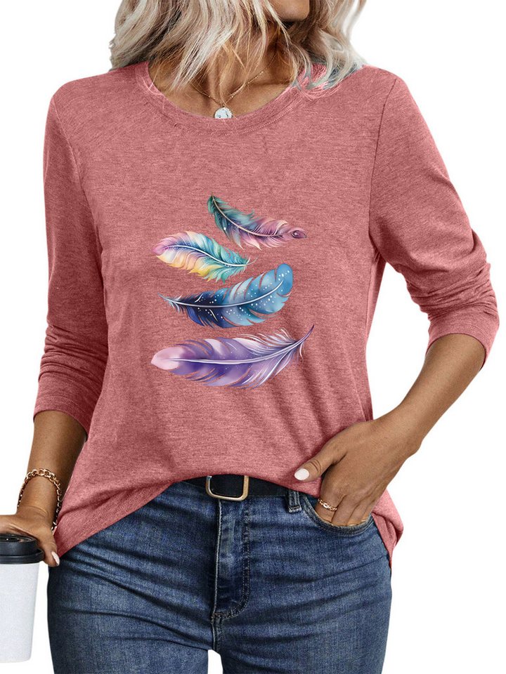 PYLIKE Longsleeve Damen Rundhalsausschnitt Longsleeve mit Feder Print-Shirt Geeignet für den täglichen Gebrauch im Büro und zu Hause PYLIKE Longsleeve Damen Rundhalsausschnitt Longsleeve mit Feder Print-Shirt Geeignet für den täglichen Gebrauch im Büro und zu Hause von PYLIKE