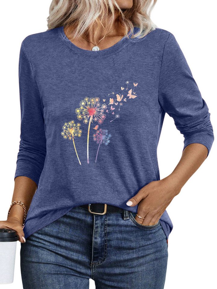 PYLIKE Longsleeve Damen Rundhalsausschnitt Longsleeve mit Löwenzahn Print-Shirt Geeignet für den täglichen Gebrauch im Büro und zu Hause von PYLIKE
