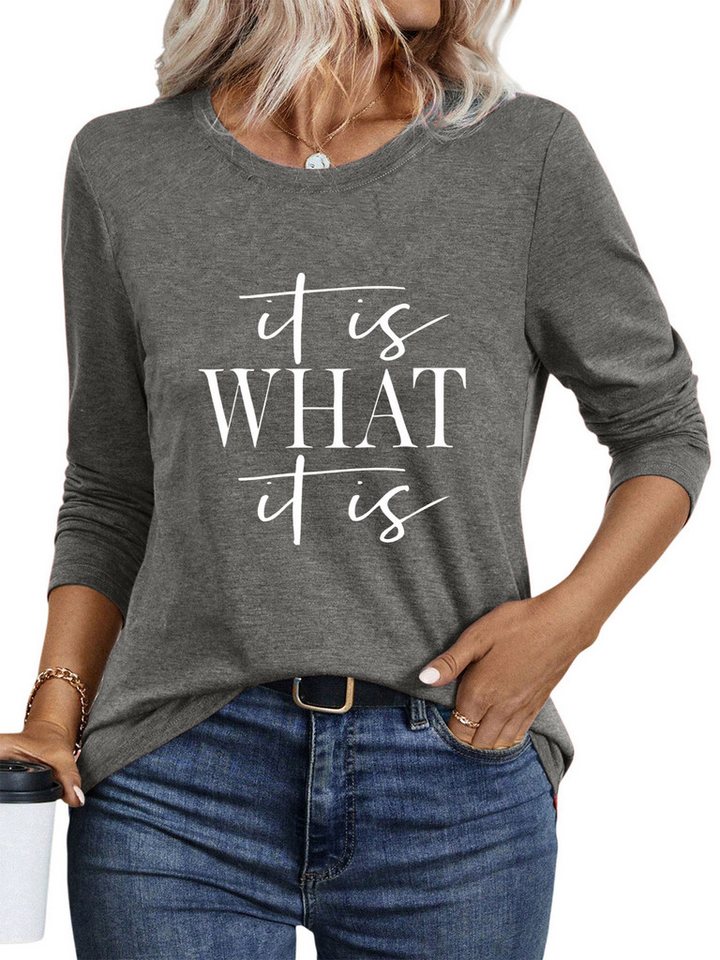 PYLIKE Longsleeve Damen bequemes Basic Rundhalsshirt mit Brief Print Langarmshirt Geeignet für den täglichen Gebrauch im Büro und zu Hause von PYLIKE